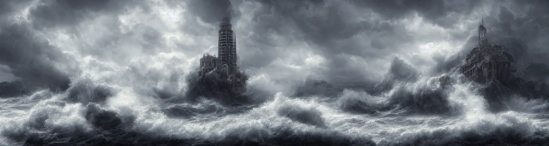 Image similar to A highly detailed matte painting of a huge pipe organ in a stormy sea in a storm, fog, rain, volumetric lighting, unreal engine 5 hd render, 8K resolution, trending on artstation