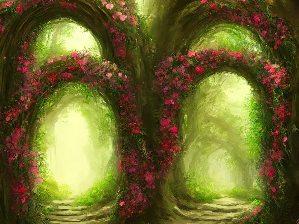 Prompt: A beautiful digital illustration painting of a floral archway in the woods , 8k resolution deviantart trending on Artstation concept art digital illustration