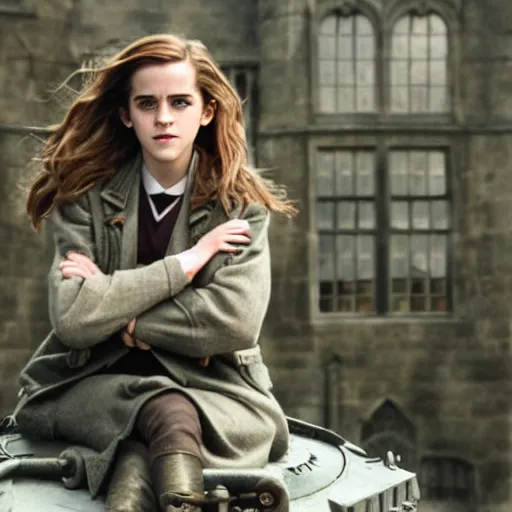 Image similar to Photo of Emma Watson as Hermione Granger on top of a tank in Hogwarts, establishing shot