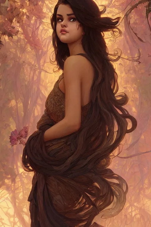 Image similar to very beautiful cottagecore selena gomez!!, intricate, stunning, highly detailed, digital painting, artstation, concept art, smooth, sharp, focus, illustration, art by artgerm and greg rutkowski and alphonse mucha