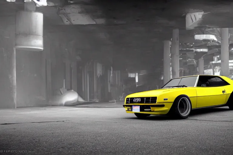 Image similar to audi camaro b 1 ( 1 9 6 9 ) drifting, need for speed : carbon, neon lines, japanese temple multistorey car park, ultra phonk, phonk music background, smoke behind wheels, noise, dark, establishing shot