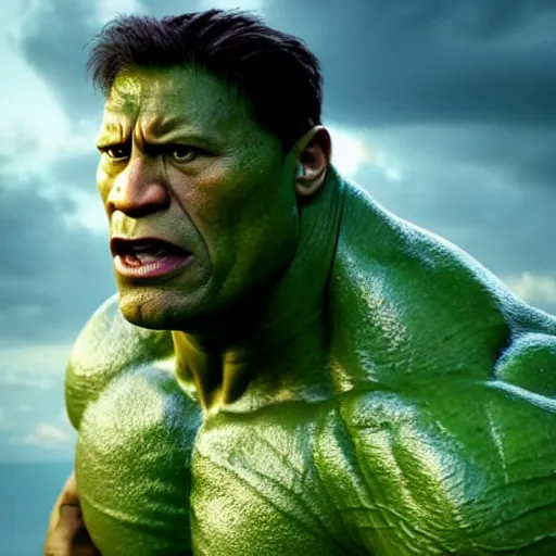 Image similar to dwayne johnson as incredible hulk, marvel cinematic universe, mcu, 4 k, raw, unedited, green skin, in - frame, cinematic lighting, photorealistic, octane render, 8 k, depth of field,