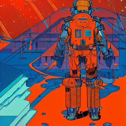 Prompt: Liminal space in outer space by Josan Gonzalez, orange and blue color scheme