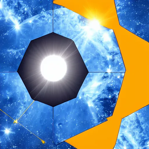 Image similar to hexagon sun shields floating above earth, solar eclipse, retro space art