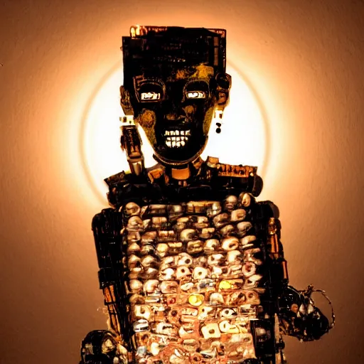 Image similar to a photo portrait of hobo creating a robogirl from the empty beer bottles and cardboard boxes. symmetry, awesome exposition, very detailed, highly accurate, professional lighting diffracted lightrays, 8 k, sense of awe