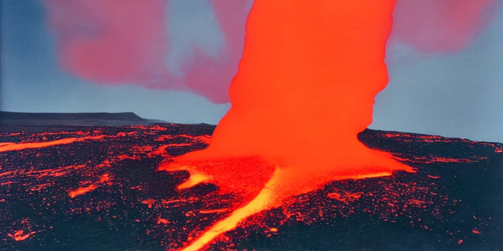 Image similar to A William Eggelston photograph of a translucent jet of lava violently erupting into space, insanely detailed octane render, luminous lava, a single jet of lava reaching to the sky, Icelandic volcanic landscape, cinematic film grain