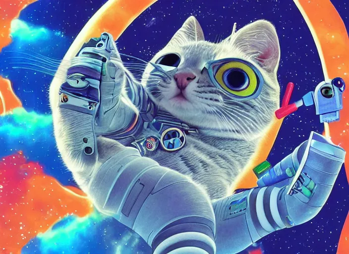 Image similar to coloring book drawing of an astronaut kitten from a musical sparkly digital space opera, Animated film, volumetric lighting, octane render, directed by wes anderson, Vladimir kush, m.c Escher