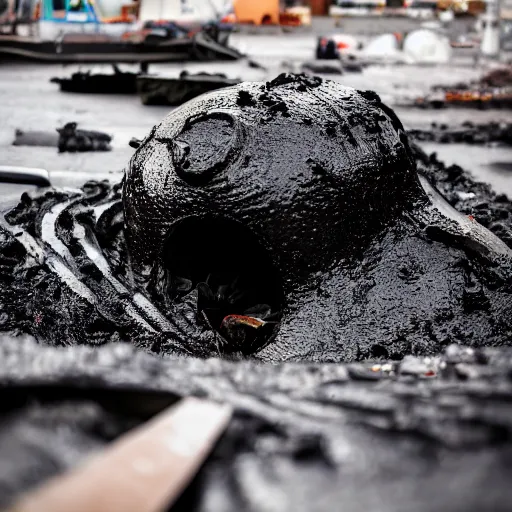 Prompt: mysterious black slime, black gooey liquid leaking out of crashed cargo ship, apocalyptic, ruined, 8 5 mm f / 1. 4