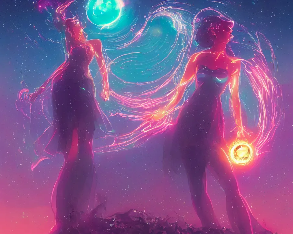 Image similar to a beautiful whimsical goddess standing on a lake basking in the moonlight, firebending, underneath a multi-colored binary blackhole with an accretion disc, glowing trails following her arms, wearing professional makeup, synthwave, by Lois van Baarle, by Greg Rutkowski, by artgerm, by beeple, by studio ghibli, cinematic angle, volumetric lighting, 4k resolution, octane render, trending on artstation, masterpiece