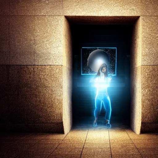 Prompt: a realistic photo of a person looking through a portal, the person is seeing the origin of the universe photorealistic highly detailed professional photography cinematic dynamic lighting