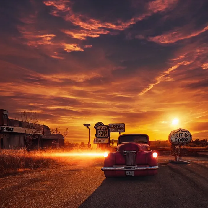 Image similar to a sunset light landscape with historical route 6 6, lots of sparkling details and sun ray ’ s, blinding backlight, smoke, volumetric lighting, colorful, octane, 3 5 mm, abandoned gas station, old rusty pickup - truck, beautiful epic colored reflections, very colorful heavenly, softlight