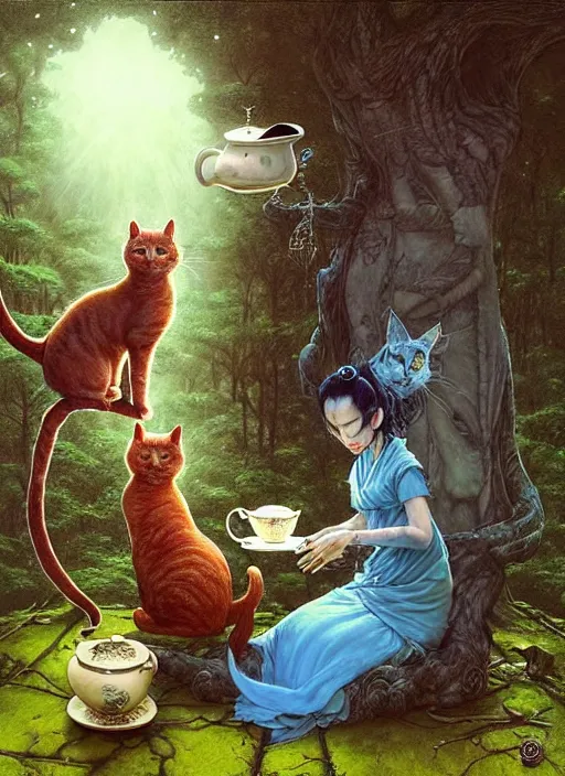 Image similar to cat having tea with a sorceress at a shrine in the woods gorgeous lighting, lush forest foliage blue sky a hyper realistic painting by chiara bautista and beksinski and norman rockwell and greg rutkowski weta studio, and lucasfilm