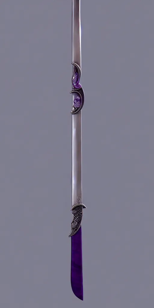 Image similar to a katana in the style of zdzisław beksinski, elegant, silver and amethyst, crescent moon motif, weapon, product photo