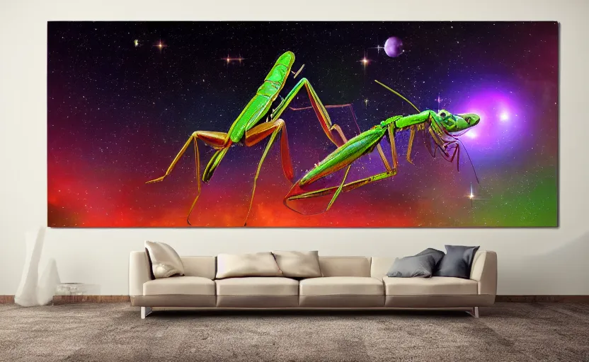 Prompt: inter dimensional sci - fi praying mantis far future, travelling across the stars, cosmos, galaxy, 8 k