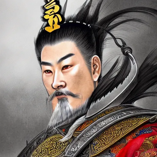 Image similar to dynamic composition, motion, ultra-detailed, incredibly detailed, a lot of details, amazing fine details and brush strokes, colorful and grayish palette, smooth, HD semirealistic anime CG concept art digital painting, watercolor oil painting of a Tang Ming dynasty chinese tao fantasy general wearing armor, from Three Kingdoms, by a Chinese artist at ArtStation, by Huang Guangjian, Fenghua Zhong, Ruan Jia, Xin Jin and Wei Chang. Realistic artwork of a Chinese videogame, gradients, gentle an harmonic grayish colors.