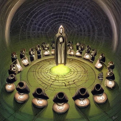 Prompt: a quantum computer surrounded by a dark cabal of hooded elven mystics gathered in a circular formation, michael whelan art