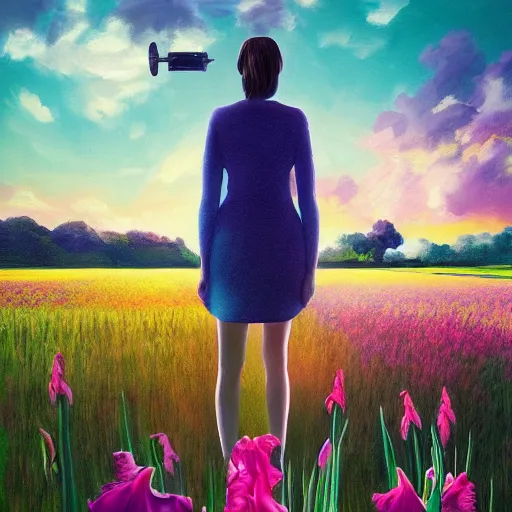 Image similar to giant gladiola flower as head, full body girl standing in a flower field, surreal photography, sunrise, dramatic light, impressionist painting, colorful clouds, digital painting, artstation, simon stalenhag