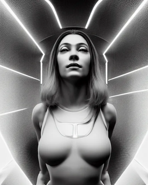 Image similar to dreamy, monochrome, subsurface scattering, white, cyborg goddess in cosmos, black and white, octane render, virgil finlay, highly detailed, rim light, art, cinematic lighting, very coherent, hyper realism, 8 k