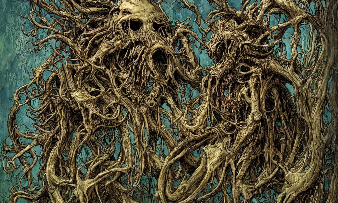 Image similar to hyperdetailed art nouveau portrait of treebeard as a cthulhu eyeball skull dragon monster, by micheal whelan, simon bisley and bill sienkiewicz, grim yet sparkling atmosphere, photorealism, claws, skeleton, antlers, fangs, forest, wild, crazy, horror, lynn varley, lovern kindzierski, steve oliff