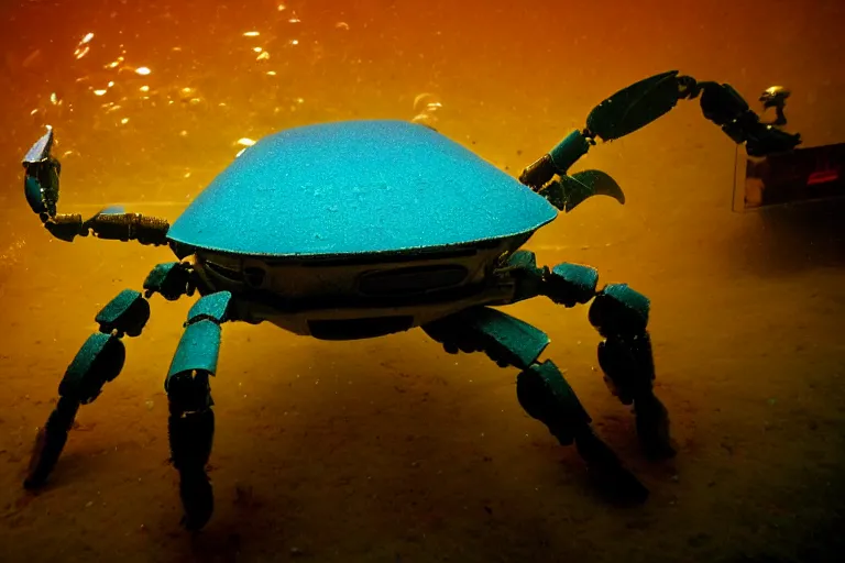 Image similar to robot crab underwater, in 2 0 1 2, bathed in the the glow of a crt television, royalcore, low - light photograph, photography by tyler mitchell