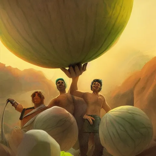 Image similar to melons conquer earth, salman toor, atmospheric effect, cinematic light