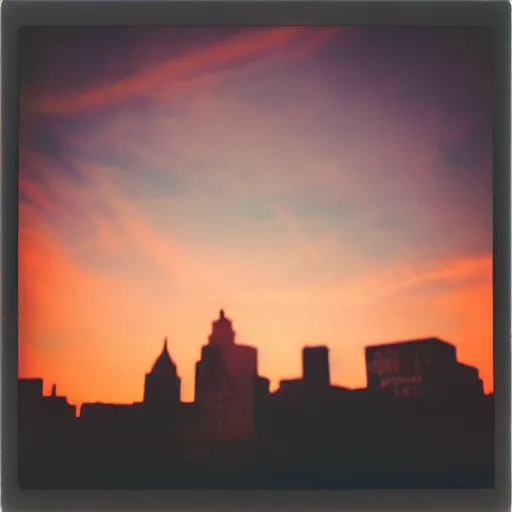 Image similar to instant photograph of the sky, polaroid, raw, beautiful, sunset, clouds, city