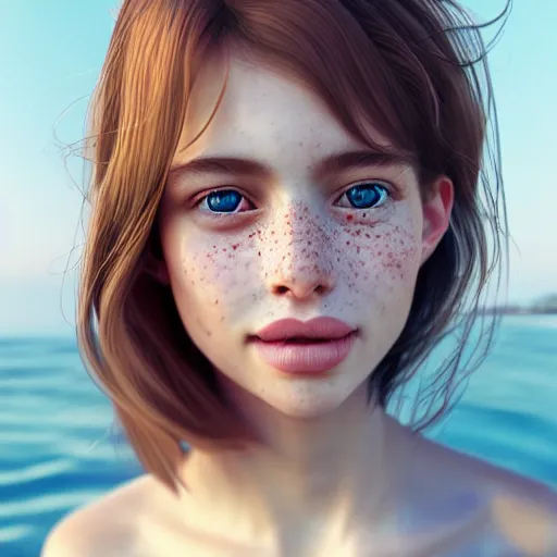 Image similar to beautiful serene intricate portrait of a cute thin young woman, red blush, cute freckles, smug smile, modern clothes, relaxing on the beach, golden hour, close up shot, soft focus, 8 k, art by irakli nadar, hyperrealism, hyperdetailed, ultra realistic