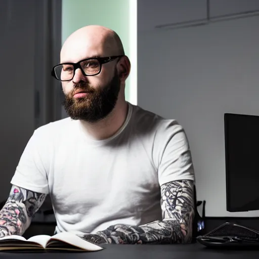 Prompt: photo of a slim, bald, middle aged man with a short beard and sleeve tattoos, he is sitting at a desk with a pc in a darkened room, atmospheric, darkness, glowing screen, medium distance, office cubicles