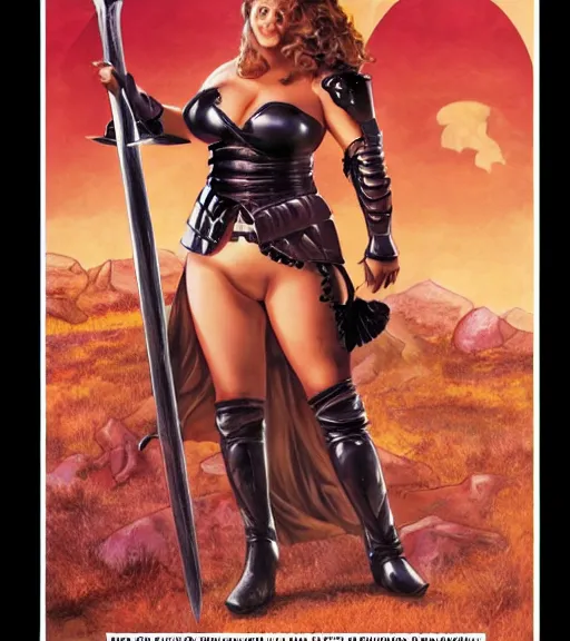 Image similar to 1 9 8 0 s fantasy novel book cover, bbw plus size amazonian young jenna fischer in extremely tight bikini armor wielding a cartoonishly large sword, exaggerated body features, dark and smoky background, low quality print