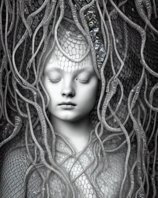 Prompt: surreal mythical dreamy underwater artistic black and white photo of a translucent beautiful young female angelic - medusa - vegetal - doll covered with fish scales, highly detailed, intricate crystal ivy jelly fish scales ornate, poetic, translucent algae ornate, digital art, octane render, 8 k artistic photography, photo - realistic, by dora maar in the style of gustave dore