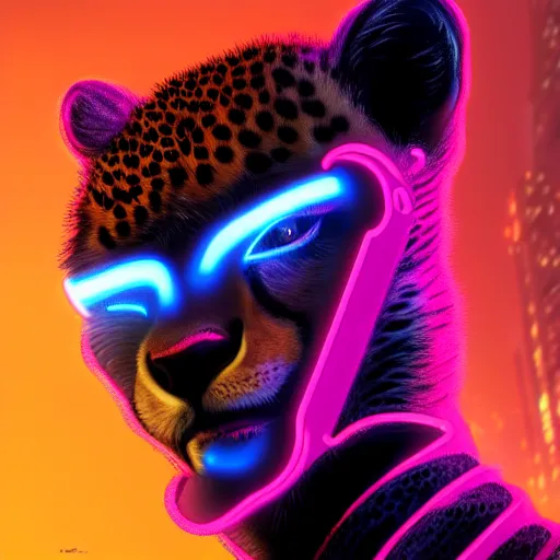 Image similar to a beautiful commission portrait of a male anthro cheetah wearing a neon jacket,futuristic,detailed face,mohawk,cyberpunk city,deviantart,artstation,art by greg rutkowski,ross tran,professional lighting,neon city,night,raytracing,highly realistic,4k,dramatic,hyperrealism,cinematic,low-angle ahot