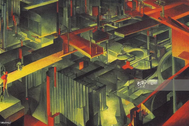 Image similar to isometric view of a factory floor, vats of radioactive slime, catwalks, industrial, glowing with silver light, painting by Franz Marc, by Jean-Léon Gérôme, by Winsor McCay, today's featured photograph, 16K