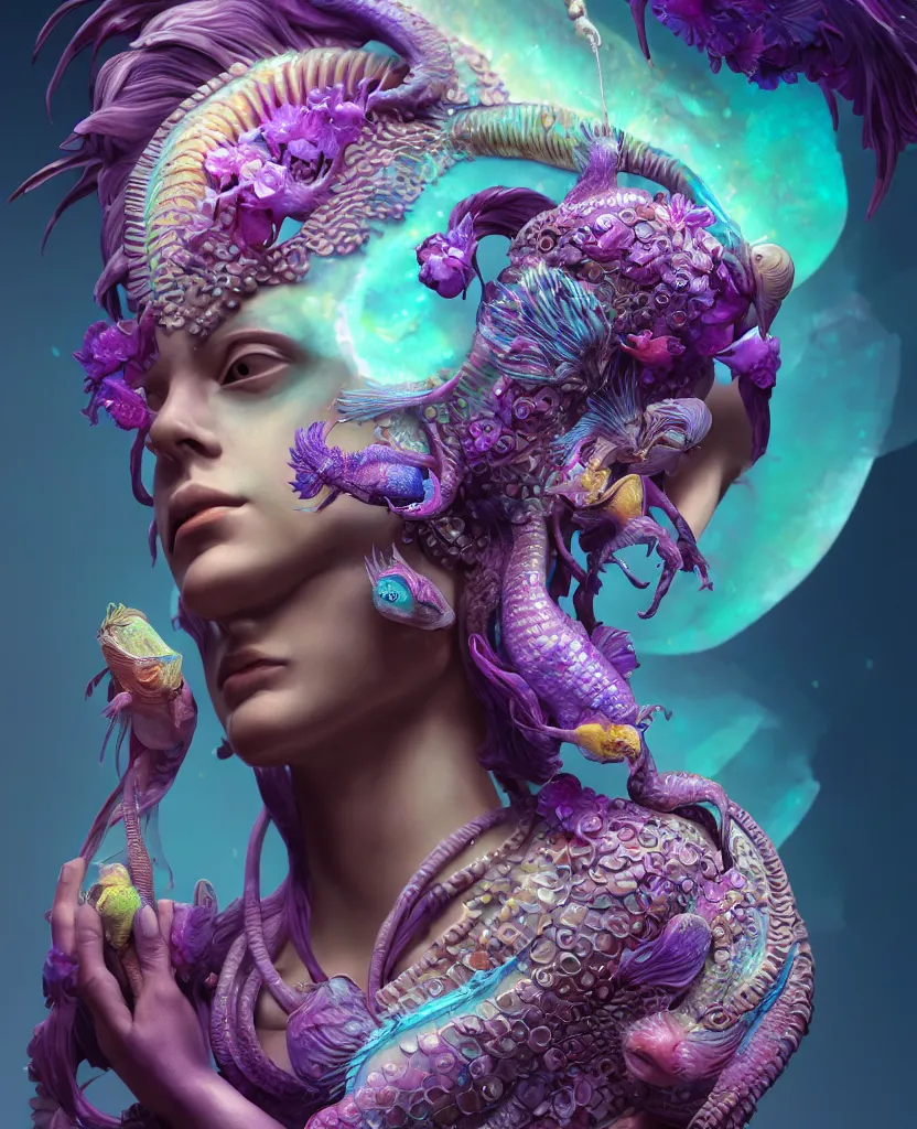 Image similar to goddess full color painted acryllic sculpture close-up portrait. orchid bird phoenix head, nautilus, skull, betta fish, bioluminiscent creatures, intricate artwork by Tooth Wu and wlop and beeple. octane render, trending on artstation, greg rutkowski very coherent symmetrical artwork. cinematic, hyper realism, high detail, octane render, 8k