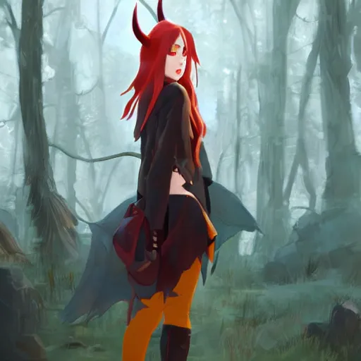 Image similar to a pale redheaded demoness with yellow eyes and horns wearing a jacket, highly detailed, digital painting, artstation, matte, by makoto shinkai, animation style