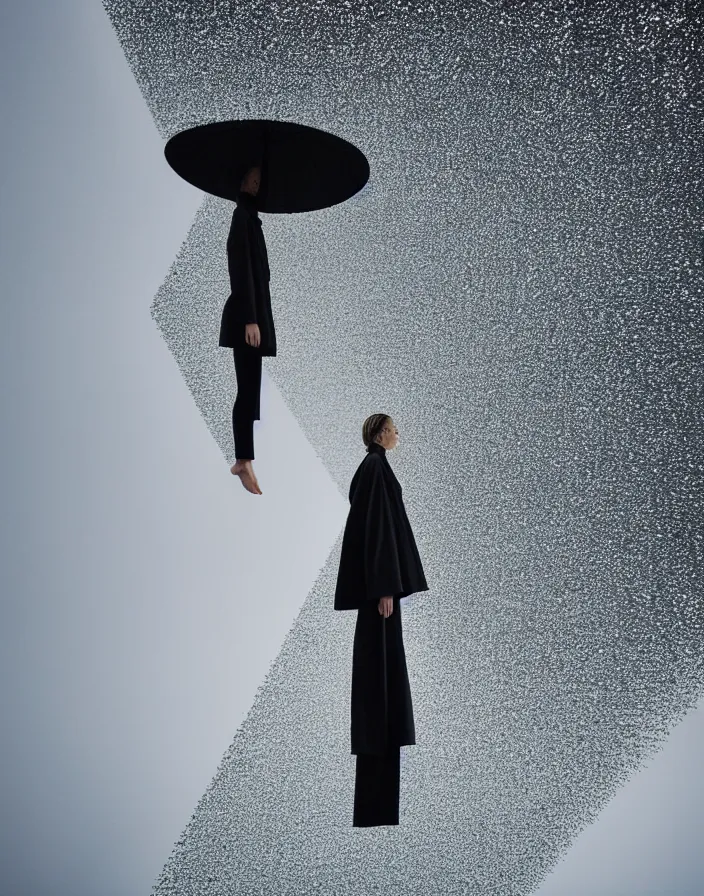 Image similar to close - up portrait of an empty slick fashionable zara raincoat floating suspended mid - air on a glittering wet rainy display designed by olafur eliason, james turrell, shot by wes anderson, lily frank, symmetry, rule of thirds