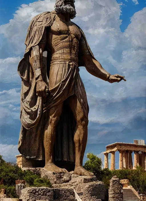 Image similar to colossal statue of an old king at the entrance of an ancient greek harbor, greg rutkowski, 8 k, shallow depth of field, intricate detail, concept art,