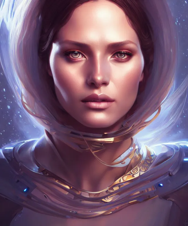 Image similar to futuristic woman portrait, sci-fi, amber eyes, face, long hair, fantasy, intricate, elegant, highly detailed, digital painting, artstation, concept art, smooth, sharp focus, illustration, art by artgerm and greg rutkowski and alphonse mucha