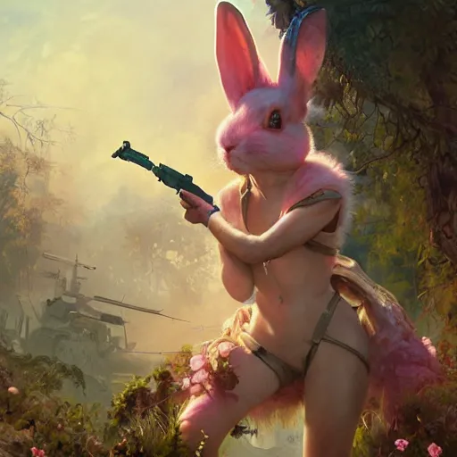 Image similar to Psycho pink bunny in world war 3, intricate, highly detailed, digital painting, artstation, concept art, smooth, sharp focus, illustration, Unreal Engine 5, 8K, art by artgerm and greg rutkowski and alphonse mucha