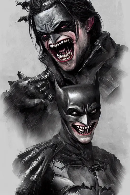 Image similar to Portrait of Robert Pattinson as The Batman Who Laughs, dc comics, dark, intricate, highly detailed, smooth, artstation, digital illustration by Ruan Jia and Mandy Jurgens and Artgerm and Wayne Barlowe and Greg Rutkowski and Zdislav Beksinski