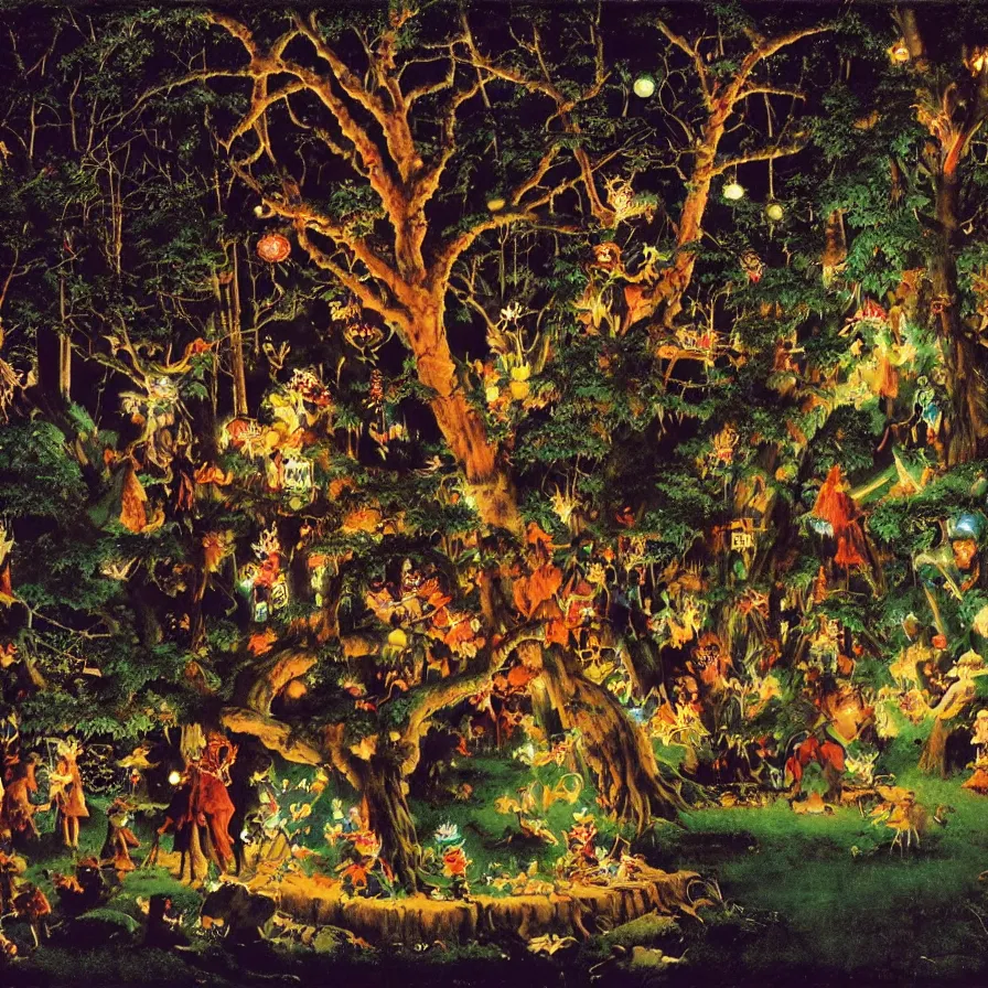 Image similar to a night carnival around a magical tree cavity, with a surreal orange moonlight and fireworks in the background, next to a lake with iridiscent water, christmas lights, folklore animals and people disguised as fantastic creatures in a magical forest by summer night, masterpiece painted by norman rockwell, frank frazetta, and syd mead, dark night environment