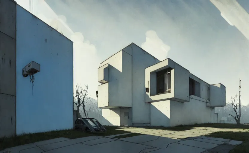 Prompt: painting of a wide angle exterior shot of a white brutalist architecture house with cinematic lighting by darek zabrocki and greg ruthkowski, alphonse mucha, simon stalenhag and cinematic and blue cold atmospheric, archillect concept art, artstation, trending on artstation