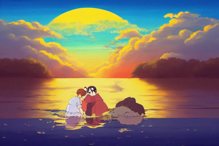 Prompt: a bright cute studio ghibli painting of an anime duck hugging a woman, beautiful sunset over the water, in the style of studio ghibli, highly detailed, 4K, smooth, trending on artstation, japanese, sumi-e