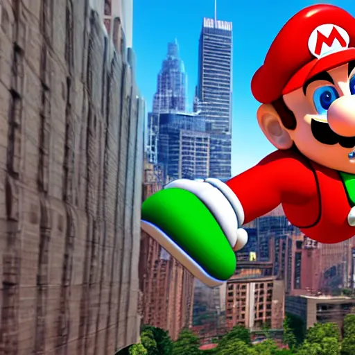 Prompt: Gargantuan Mario towering over a city