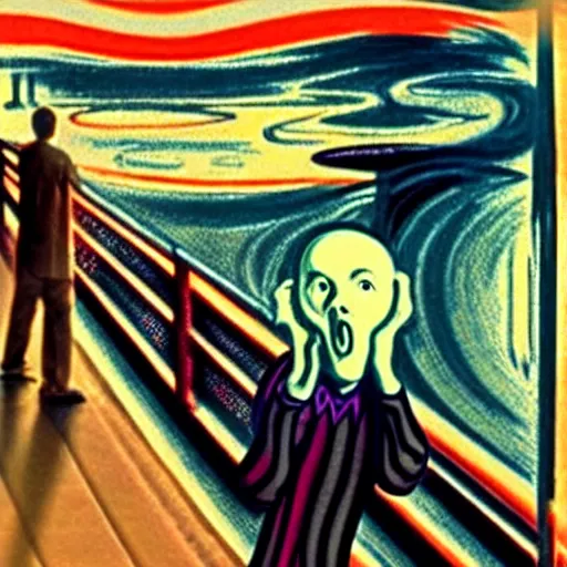 Image similar to a funky movie adaptation of the scream of munch by walt disney. elegant, cartoony