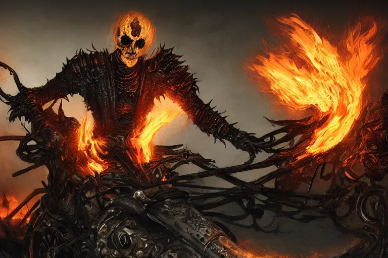Prompt: Ghost Rider, flaming grim reaper, the pits of hell, upper body character concept, dark souls concept art, Feng Zhu concept art, dramatic lighting, highly stylized, trending on artstation, high-quality wallpaper, desktopography