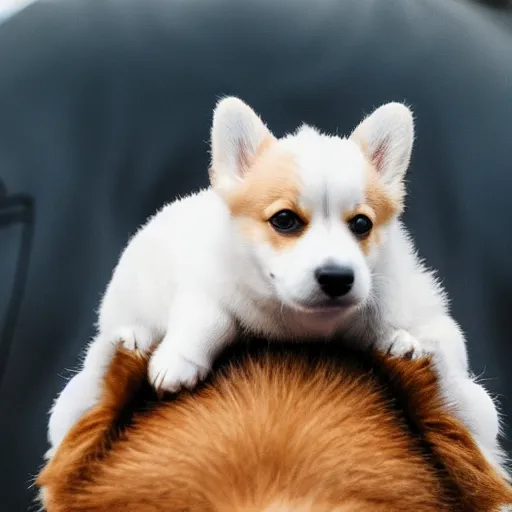 Image similar to 8k highly detailed photograph of a tiny person riding on the back of an adorable corgi, like a horse. blue saddle