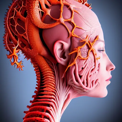 Prompt: high quality photo of a young beautiful female queen-coral-dragon-cyborg bust with a very long neck and Mandelbrot fractal face, Mandelbrot fractal skin, flesh, anatomical, facial muscles, veins, arteries, elegant, highly detailed, flesh highly baroque ornate, hair are wired cables, elegant, high fashion, rim light, octane render, in the style of Lindsay Adler, Realistic, Refined, Digital Art, Highly Detailed, Cinematic Lighting, rim light, black and white, photo-realistic, 8K