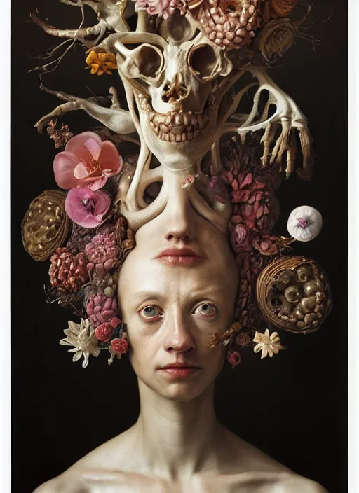 Prompt: strange, looming head, biomorphic painting of a woman expressive face, wearing a small, ornate crown made of flowers and bones by, rachel ruysch, jenny saville and charlie immer, highly detailed, emotionally evoking, head in focus, volumetric lighting, melting, drippy oil painting,