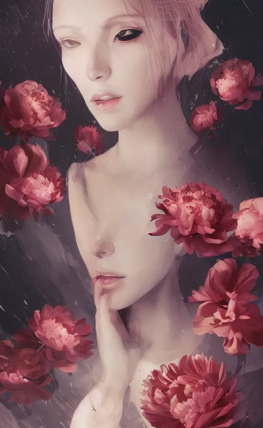 Image similar to bestselling movie poster, official media,a cinematic beautiful closeup moment of saying goodbye with peonies, simple form, brutal shapes, shaman, pixiv, 1970s fashion, official anime media, cinematic lighting, artstation consept artwork by doja cat, charlie bowater, waterhouse, ,greg rutkowski, wong kar wai