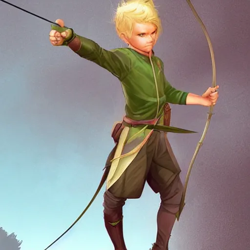 Prompt: archer boy, blonde hair, green eyes, holding bow and arrow, highly detailed, full body, forest, artstation, by charlie bowater